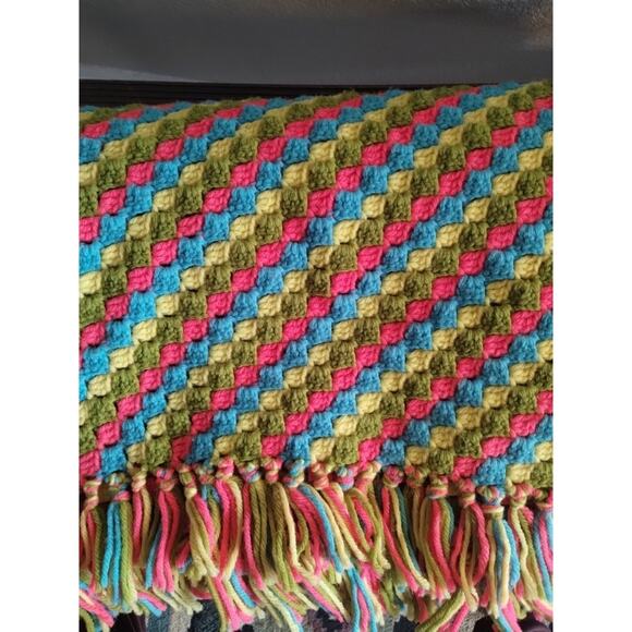 Vintage Handmade Crochet Afghan Blanket Blue Green Pink Yellow Neon 68”x 51" - Picture 2 of 13